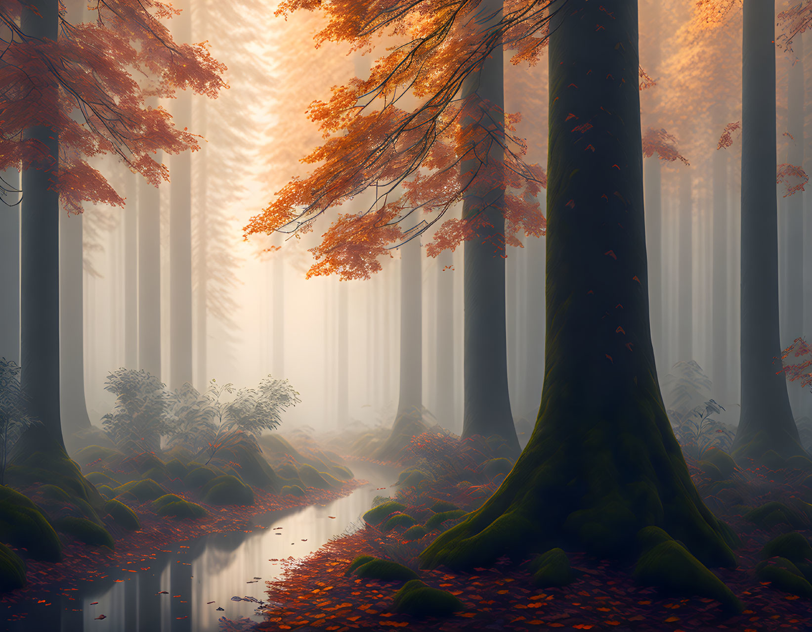 Tranquil Forest Scene with Tall Trees and Stream