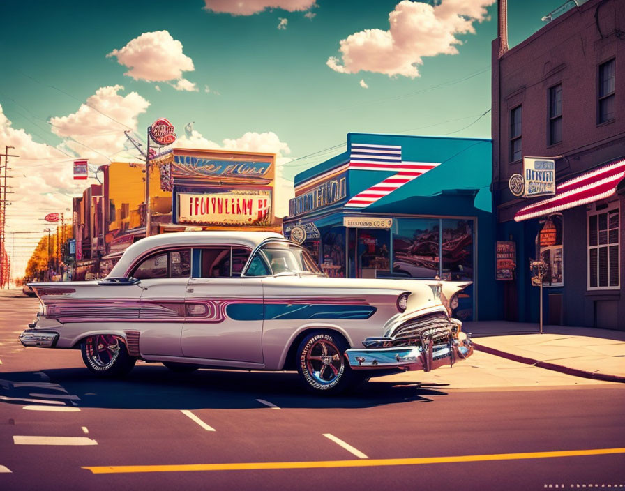 Classic Americana scene with vintage car and retro diners on sunny street