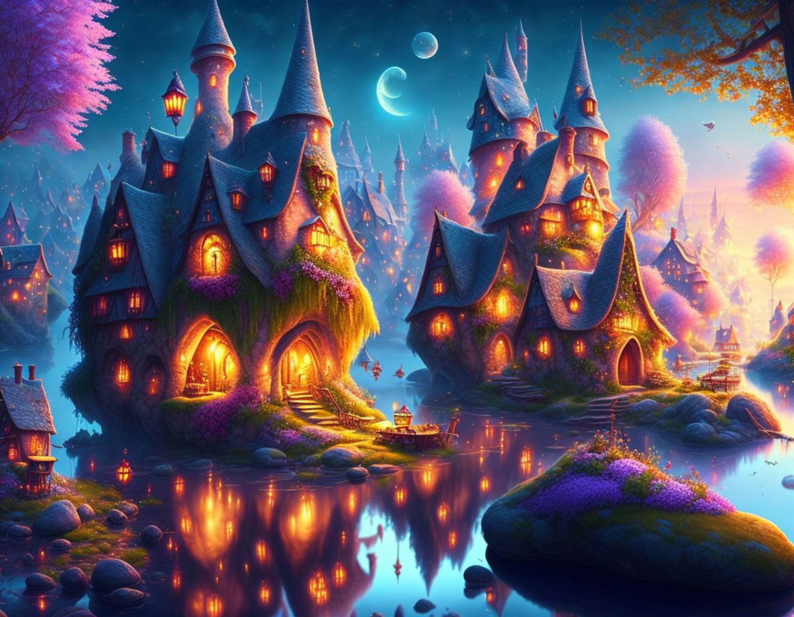 Whimsical village scene with fairytale cottages, serene lake, glowing windows, and star