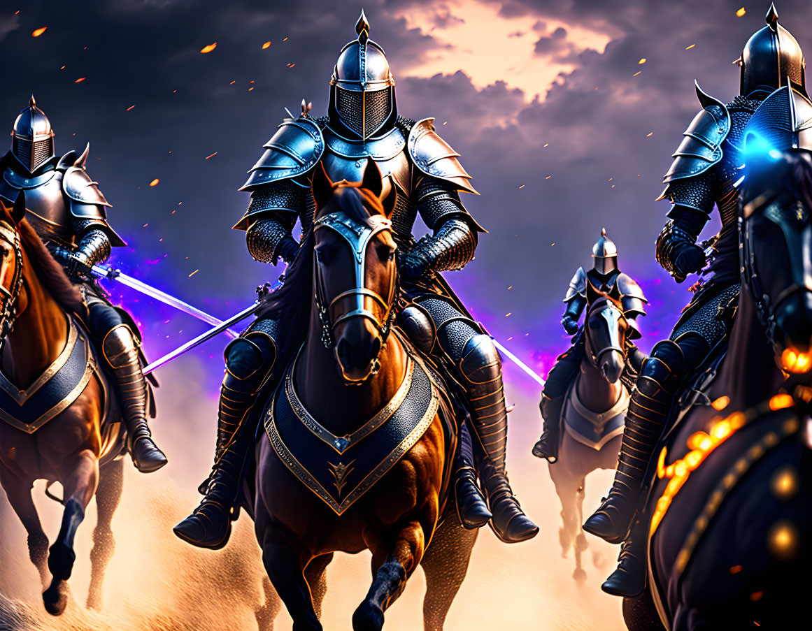 Medieval knights on horseback in battle under dramatic sky