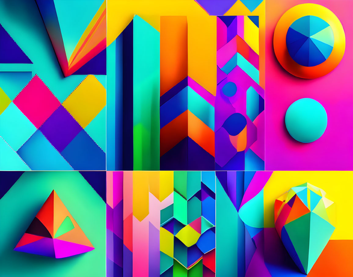 Colorful 3D Geometric Shapes Collage in Neon Colors