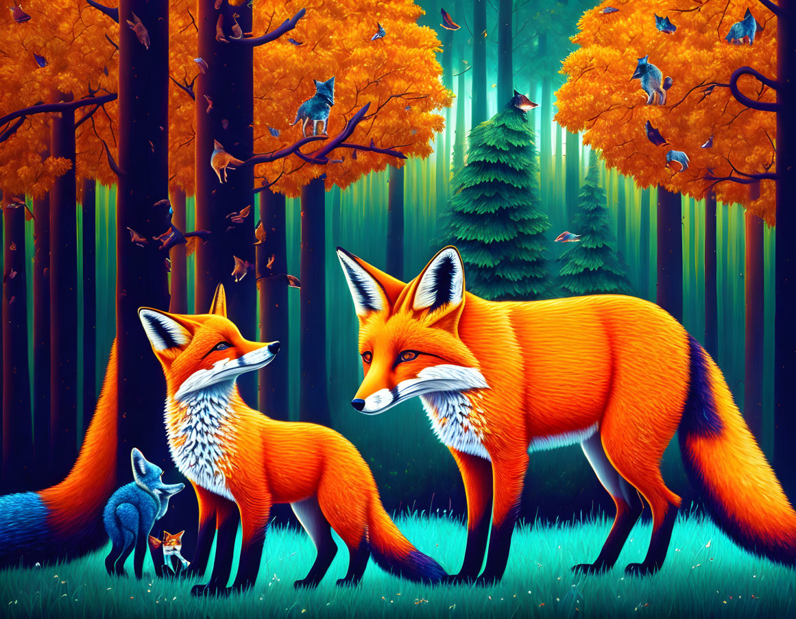 Colorful illustration: Three foxes in mystical forest with glowing trees and flying blue birds