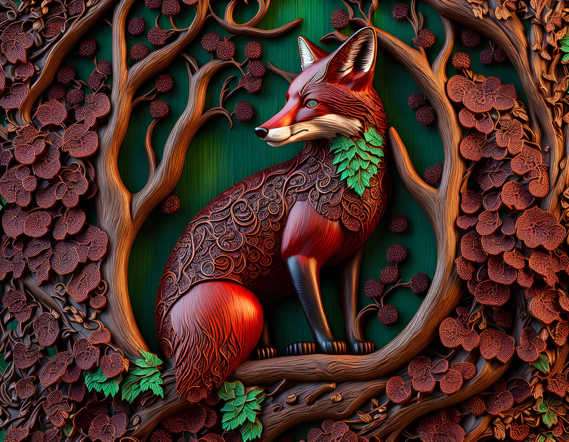 Colorful Fox Illustration Surrounded by Ornate Foliage