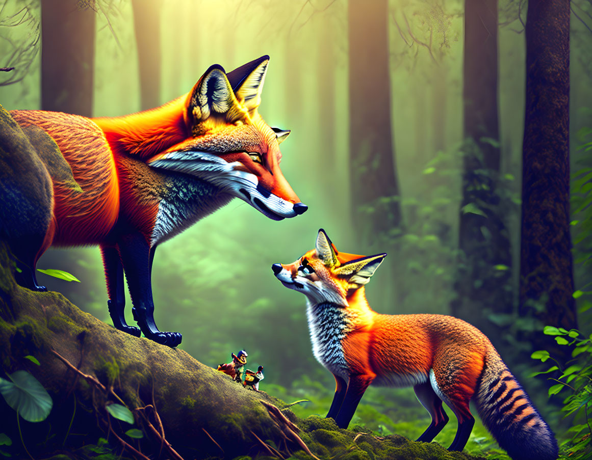 Three Foxes of Varying Sizes in Forest Setting
