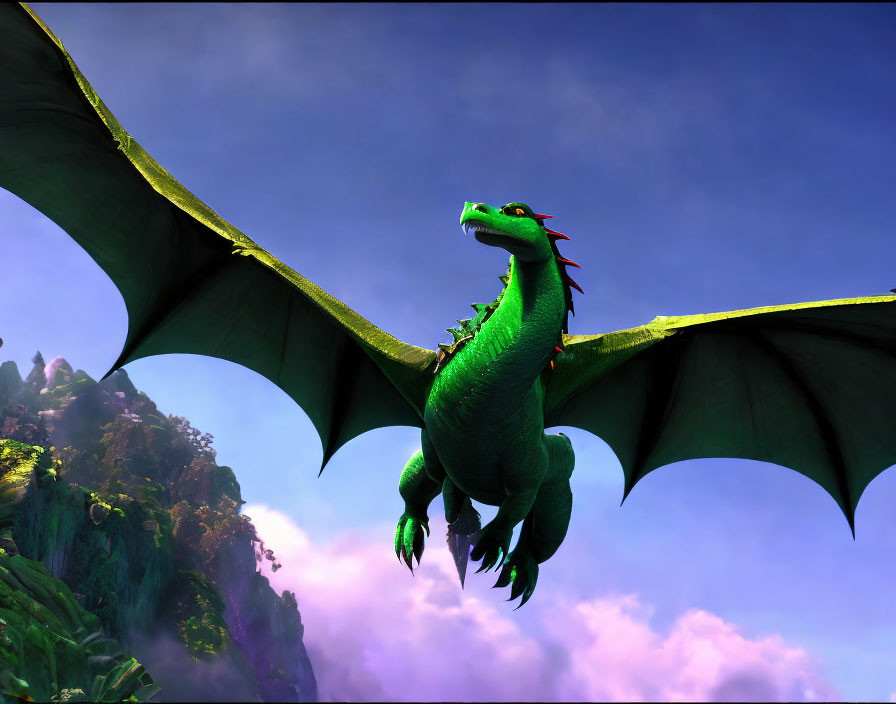 Green dragon with red spikes flying over misty mountains under blue sky