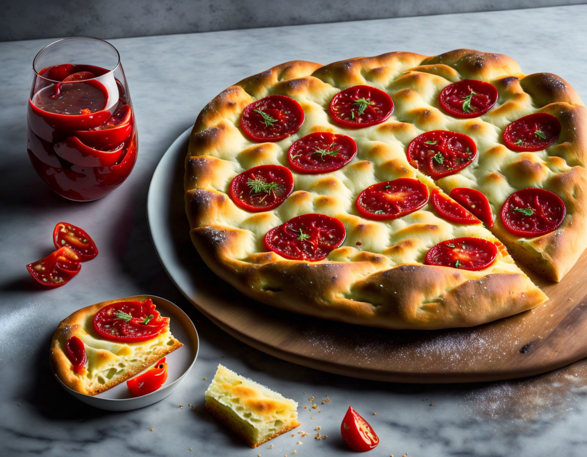 Star-shaped pizza with cherry tomatoes, red drink, and slices on the side.