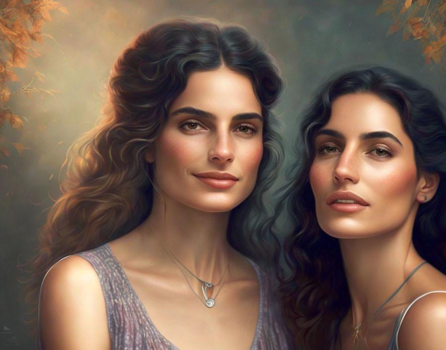 Digital painting of two women with curly hair in warm autumnal colors, hinting at a familial bond
