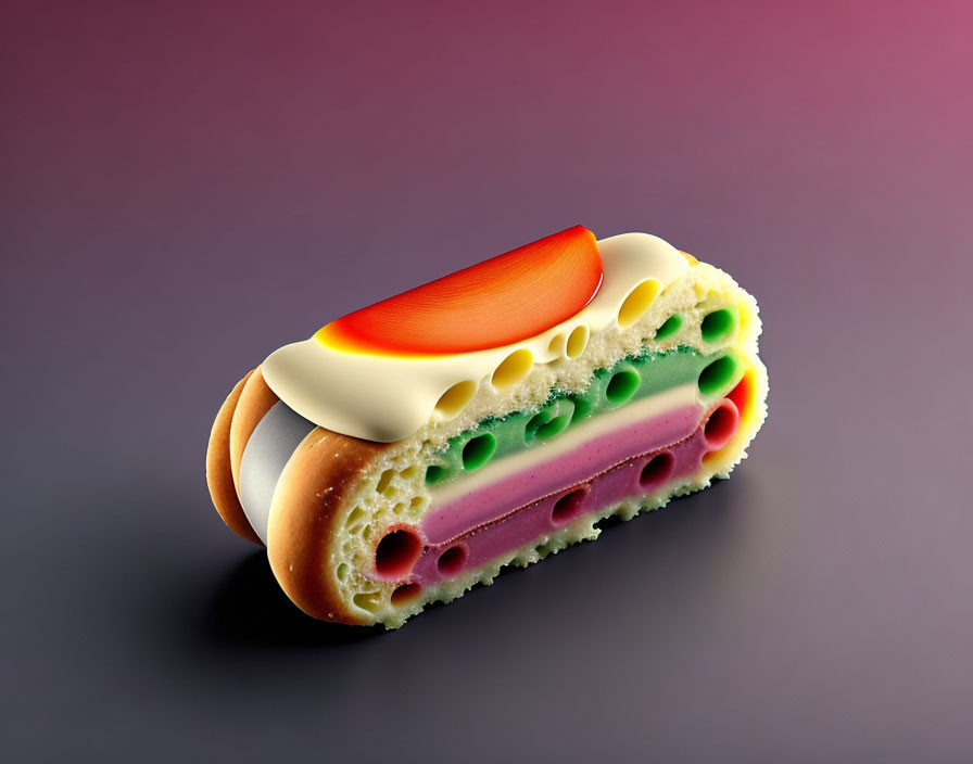 Conceptual Art: Sandwich Layers as Sponge, Cheese, Tomato on Purple Gradient