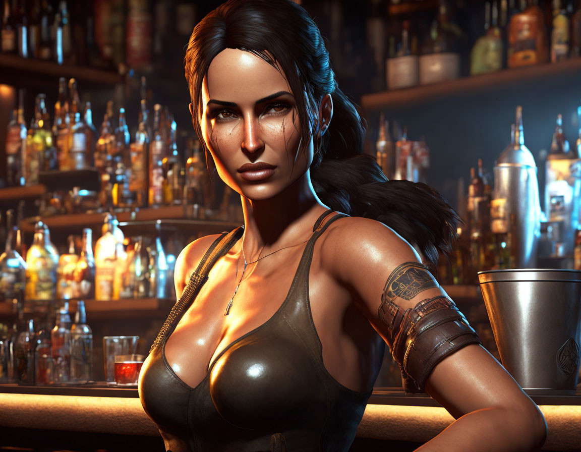Dark-haired woman with upper arm tattoo in tank top, bar scene with bottles.
