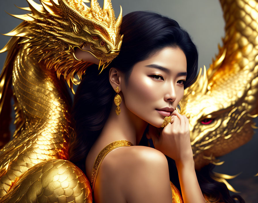 Golden dragon wrapped around elegant woman exuding regal presence