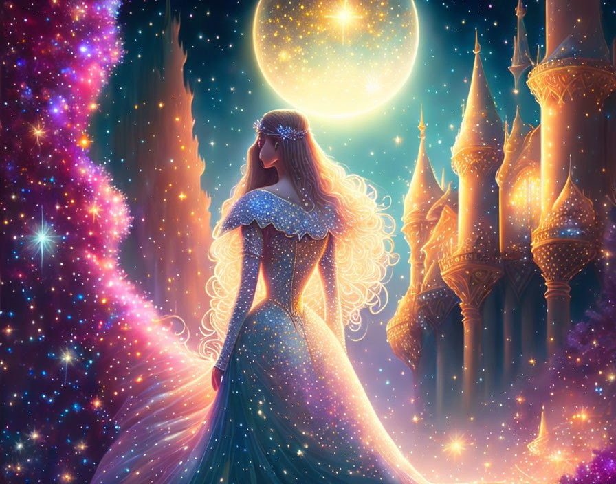 Woman in Sparkling Gown Gazing at Whimsical Castle under Cosmic Sky