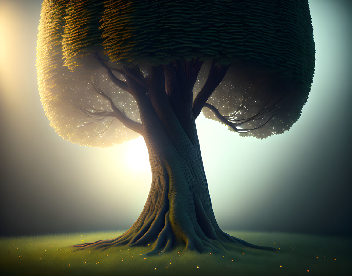 Stylized tree with thick trunk and luminous canopy in mystical, foggy landscape