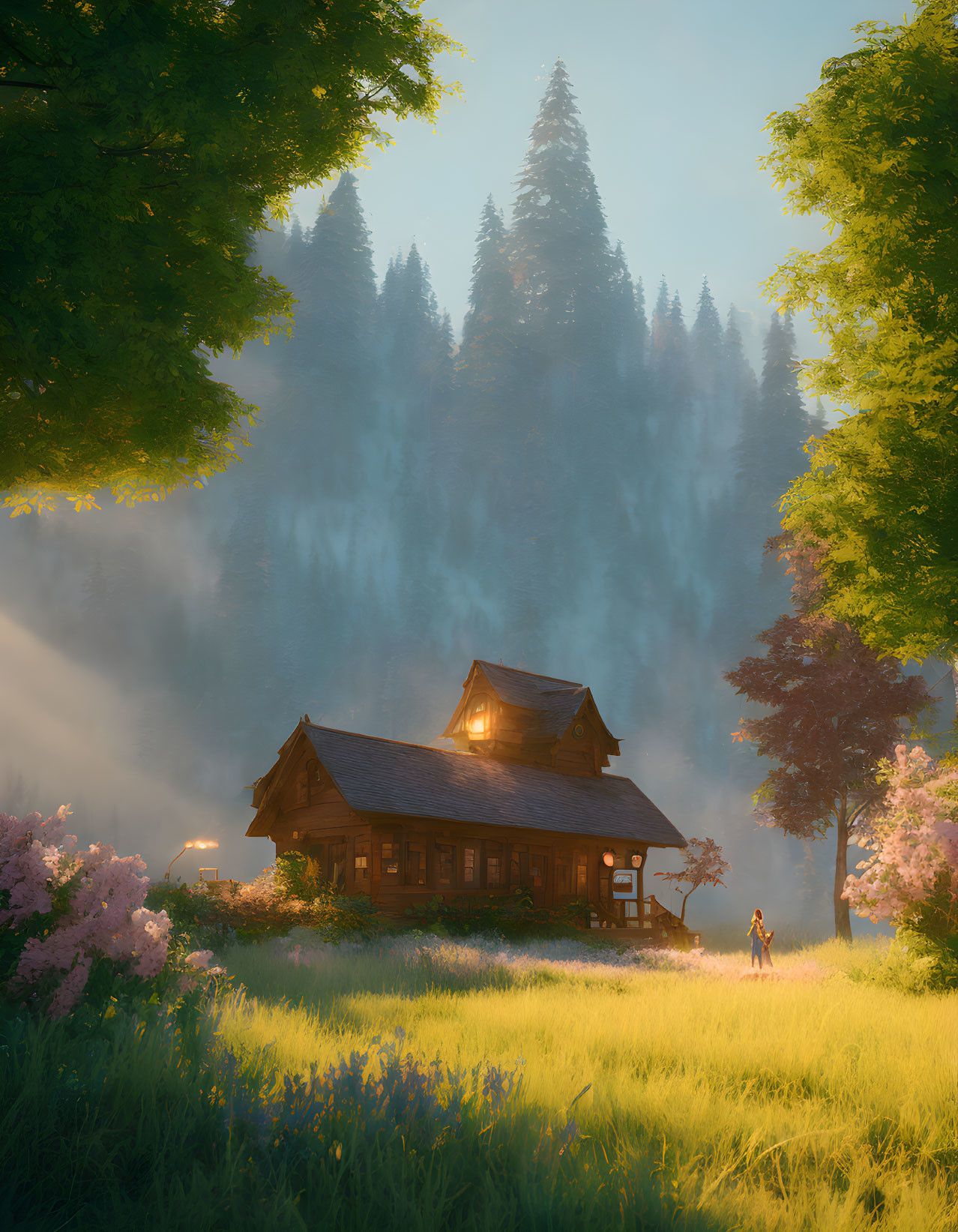 Cozy wooden cottage in blooming meadow with misty trees