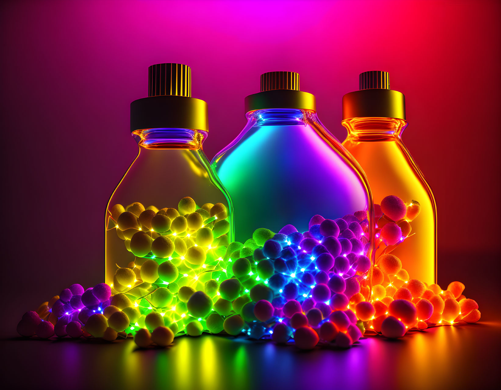 Translucent Bottles with Colorful Liquid under Neon Lights