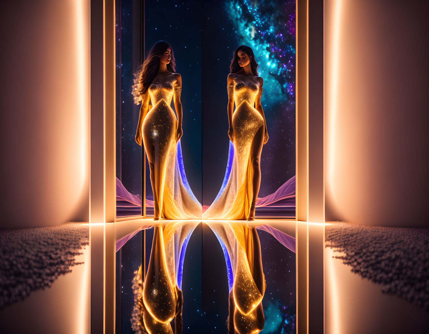 Symmetrical cosmic silhouettes with golden light reflection