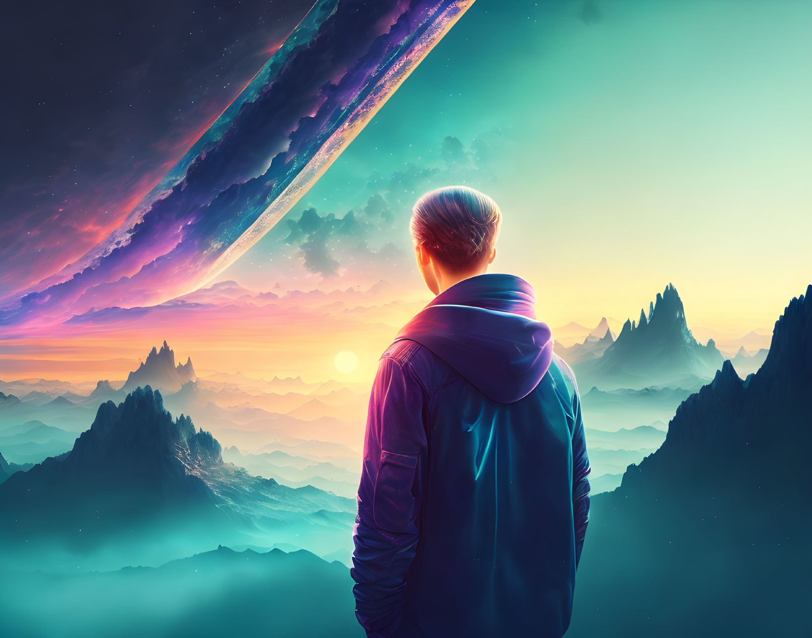 Person facing vibrant sunset with mountains and ringed planet