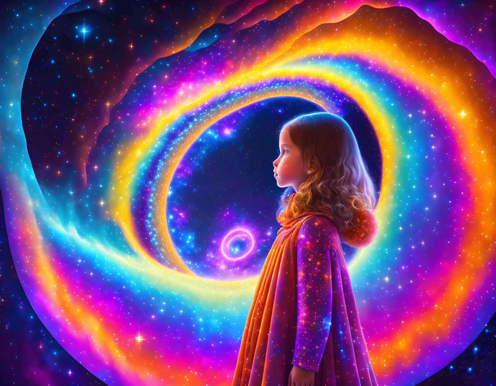 Young girl mesmerized by cosmic swirl of stars and neon colors