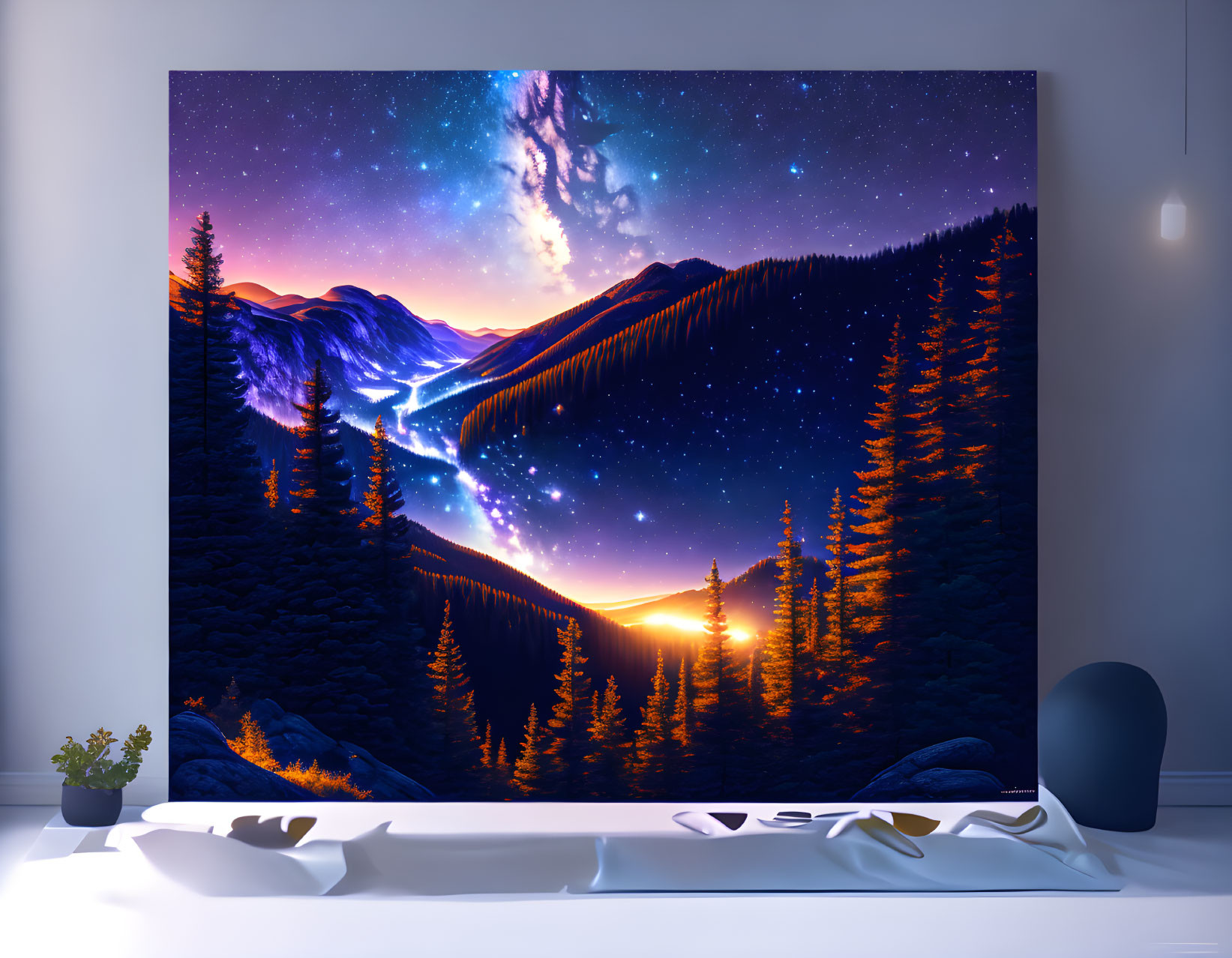 Colorful night landscape wall art with mountains, forest, starry sky, and nebula in interior