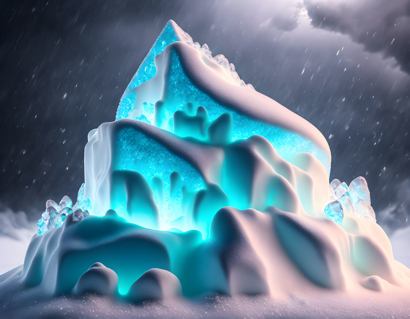 Luminescent Blue Iceberg in Snowy Twilight Scene