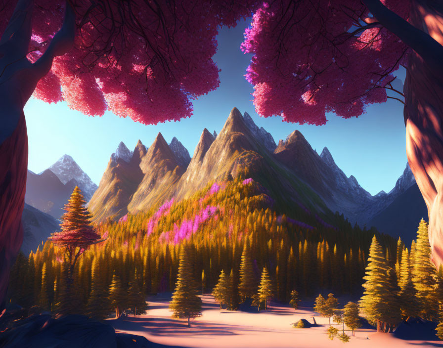 Pink-leaved Trees Frame Golden Forests and Majestic Mountains at Twilight