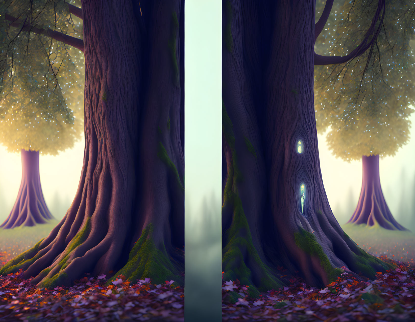 Split Image: Detailed Tree Bark in Misty Forest, Seasons Contrast
