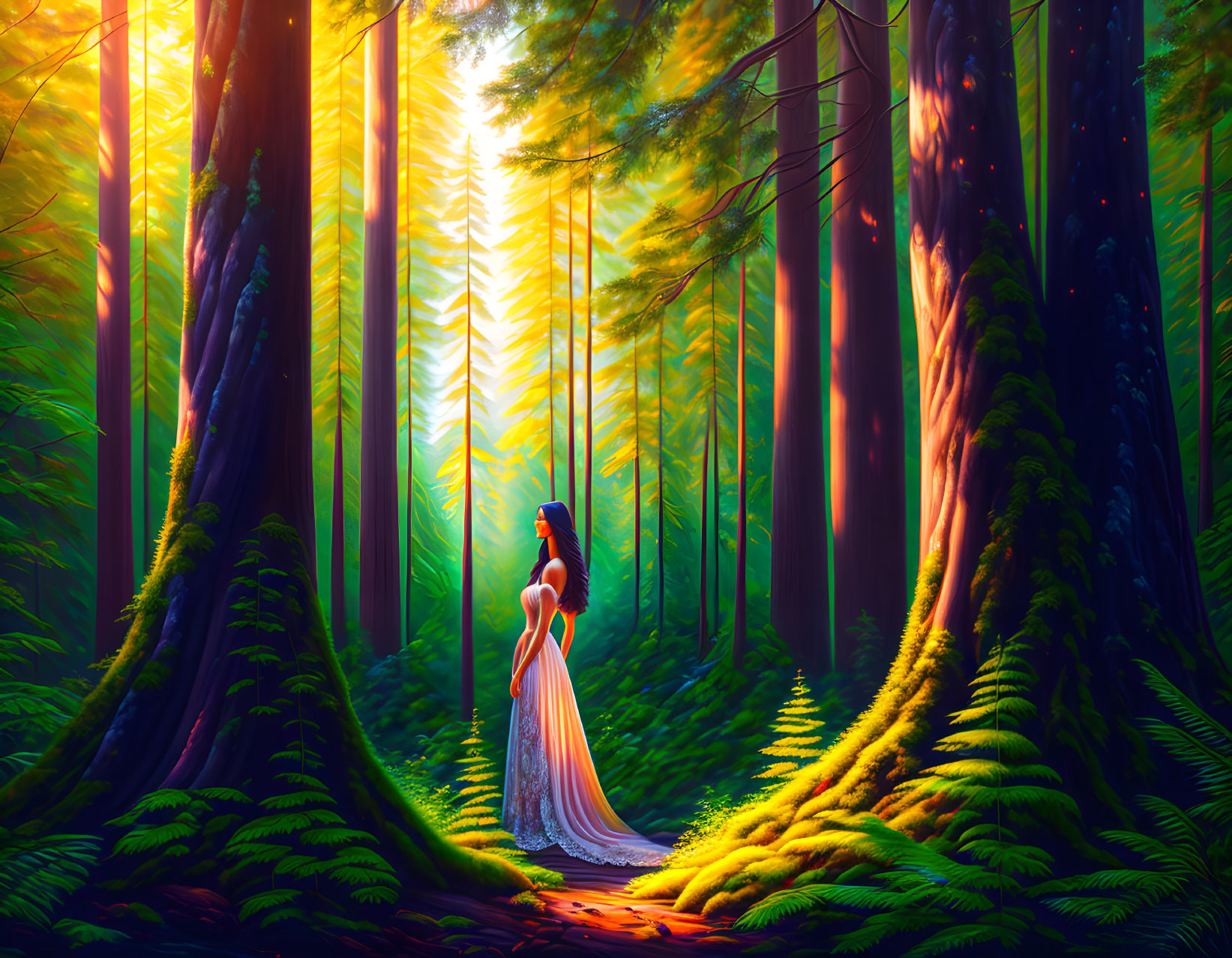 Person in flowing dress in vibrant forest with sunbeams and tall trees