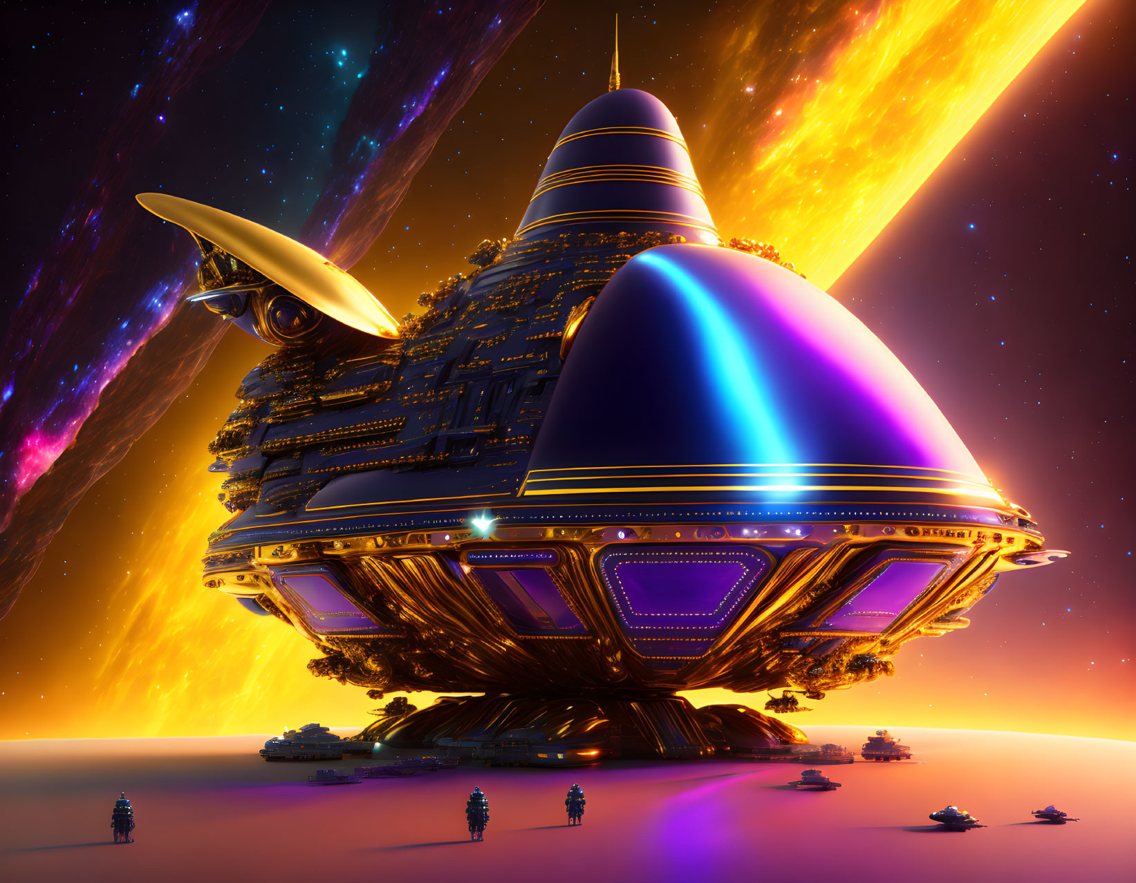 Futuristic spaceship lands on alien planet under starry sky