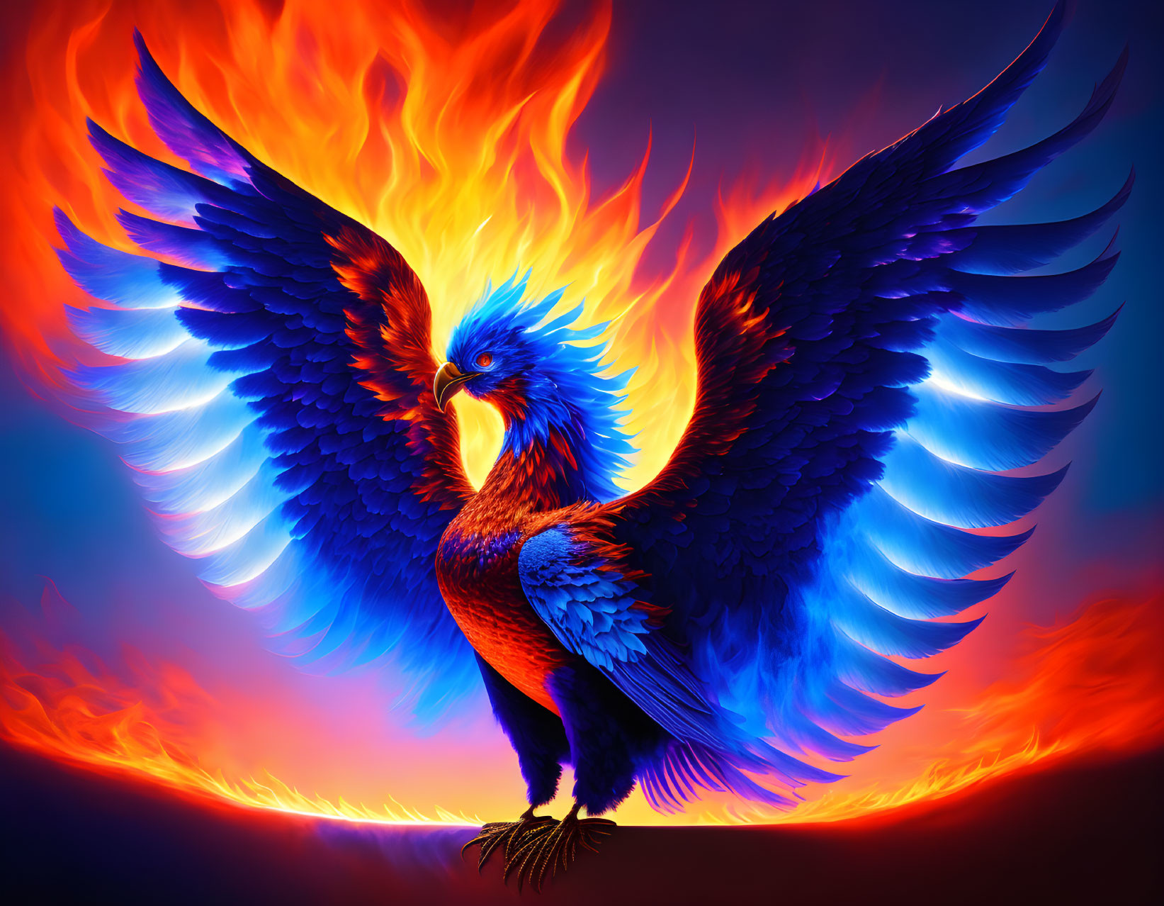 Colorful Phoenix with Fiery Wings on Dark Background