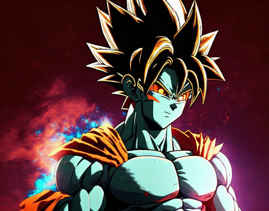 Illustrated character with spiky black hair in orange and blue outfit against cosmic red backdrop