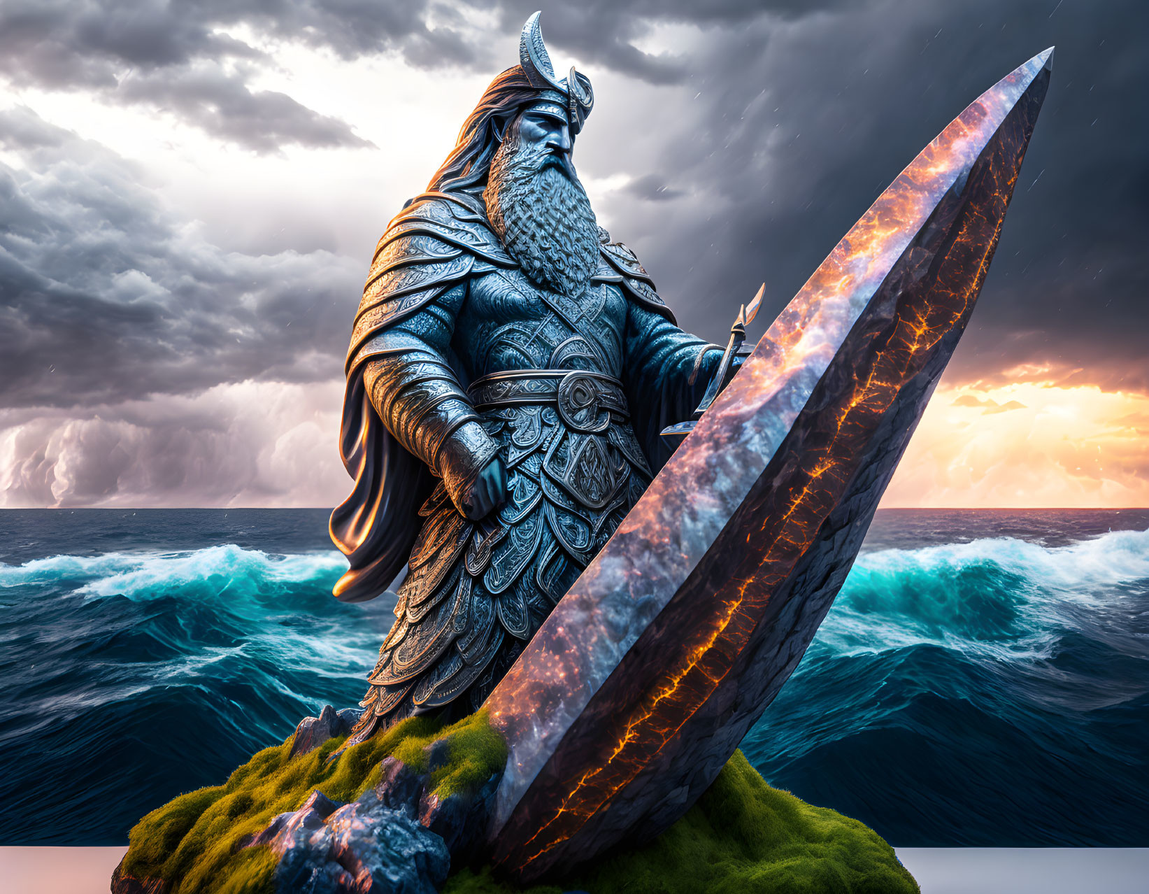 Majestic warrior in ornate armor on rocky outcrop with stormy sea background
