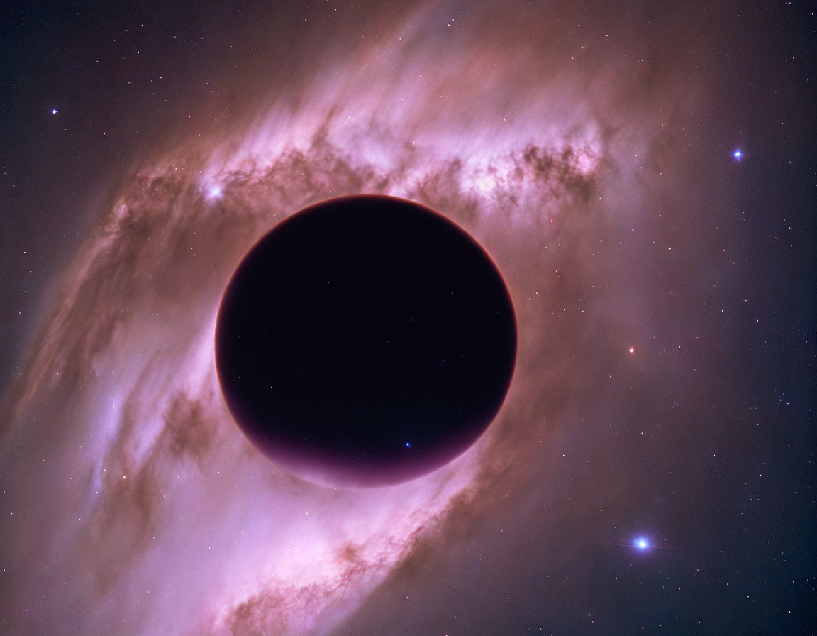 Dark spherical object against swirling cosmic clouds in pink and purple.