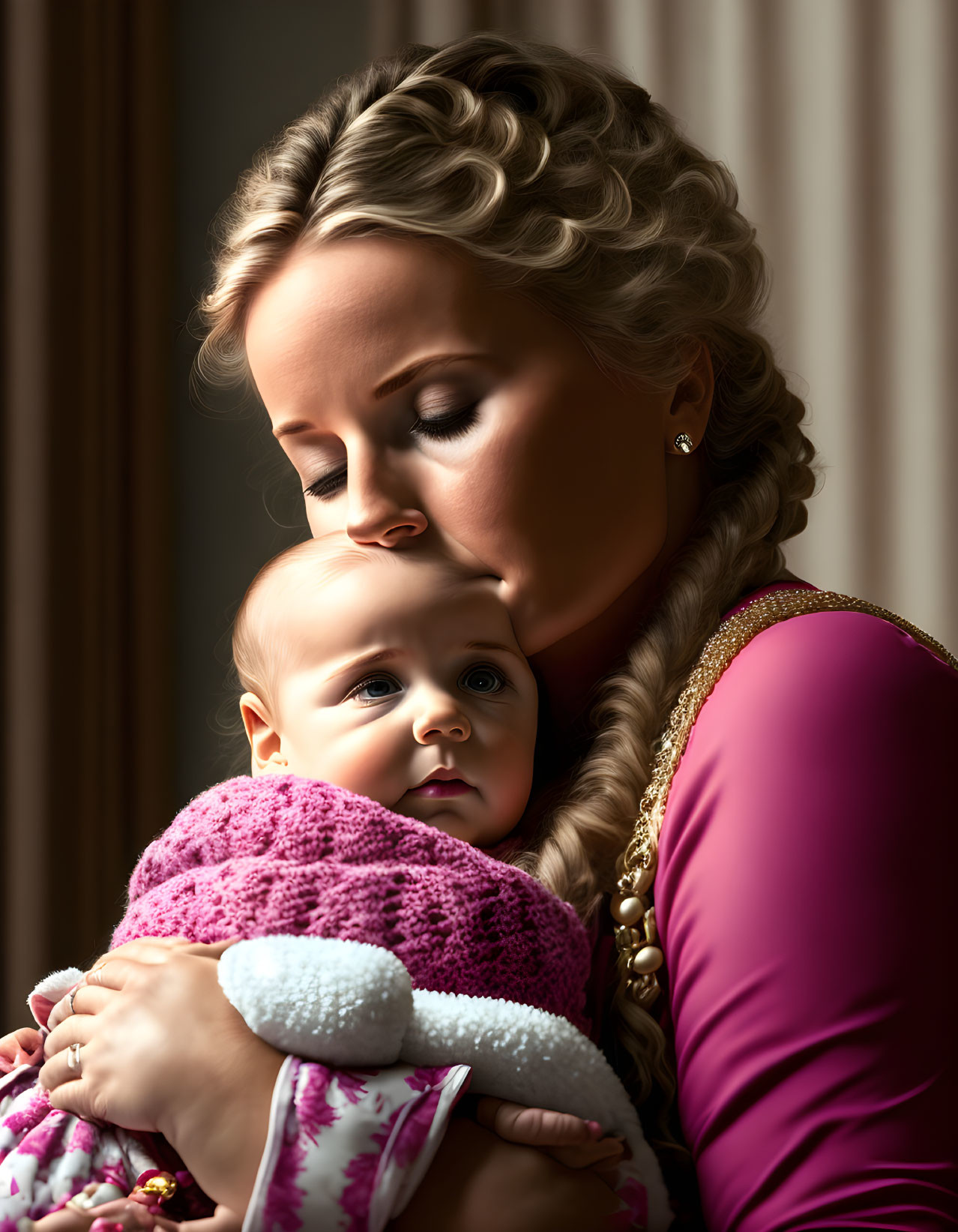 Mother with Braided Hair Embracing Baby in Pink Blanket