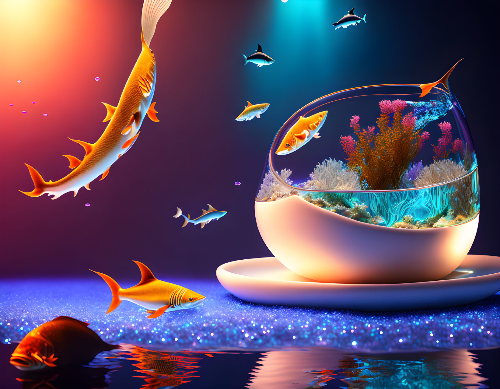 Colorful goldfish swimming inside and outside a modern fishbowl with coral on a dark blue backdrop