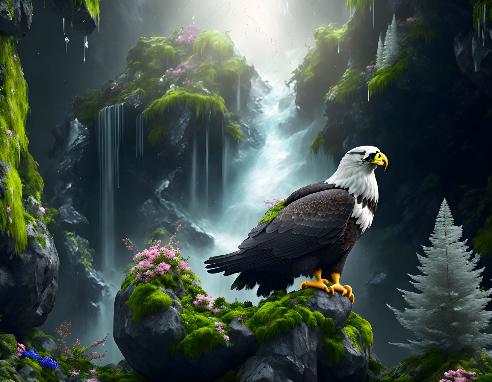 Bald eagle on rock in lush, misty landscape