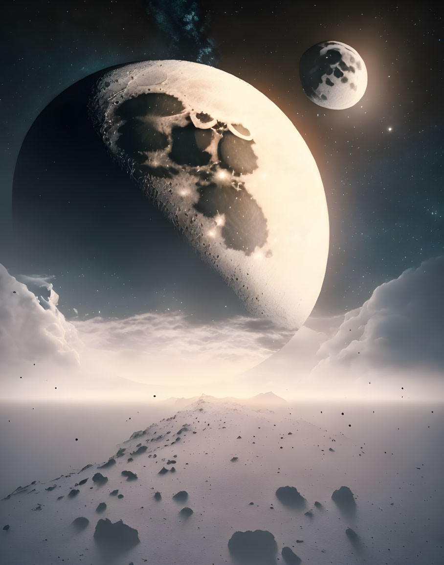 Surreal landscape with large moon, rocky terrain, and celestial bodies in twilight glow