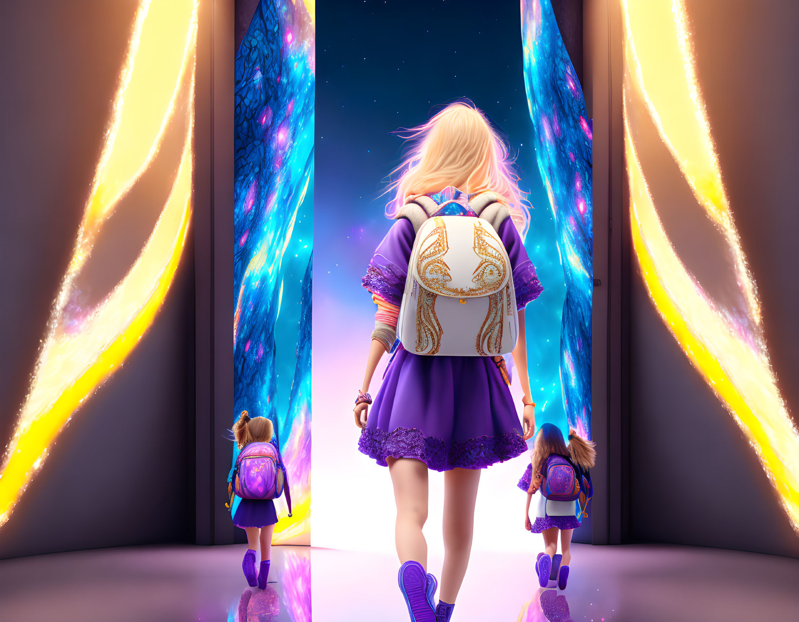 Blonde girl near vibrant portal with cosmic backdrop