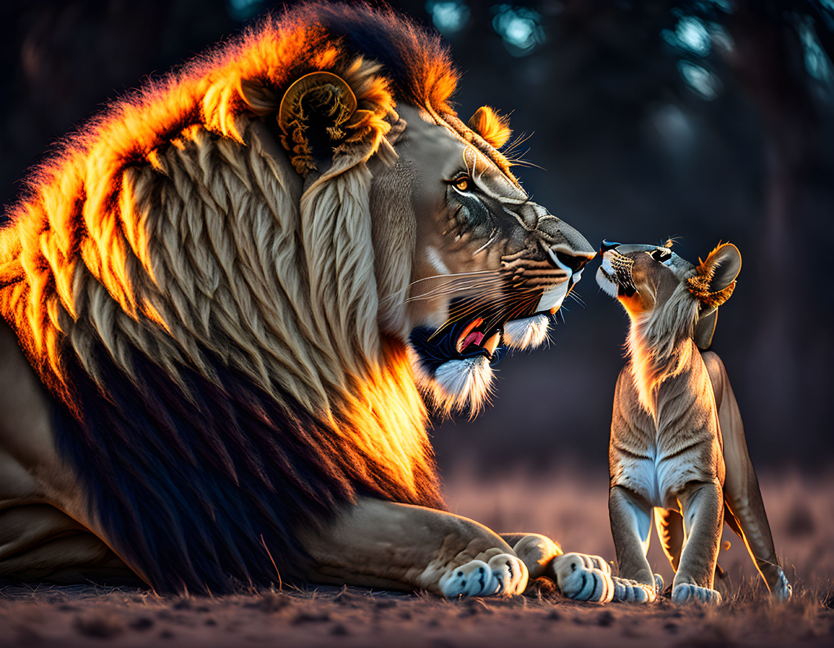 Majestic lion and cub touching noses in warm dusk light