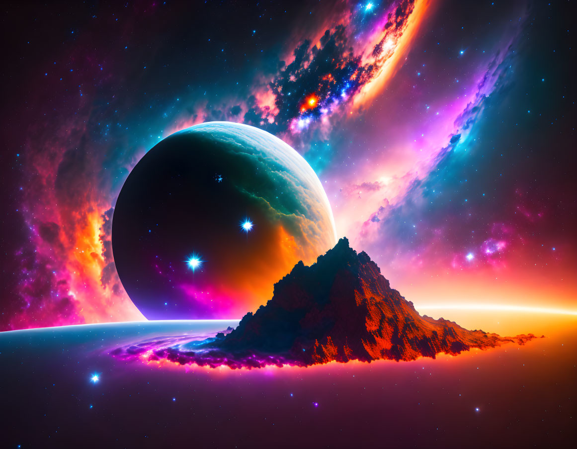 Colorful Cosmic Landscape with Large Planet and Mountain Peak