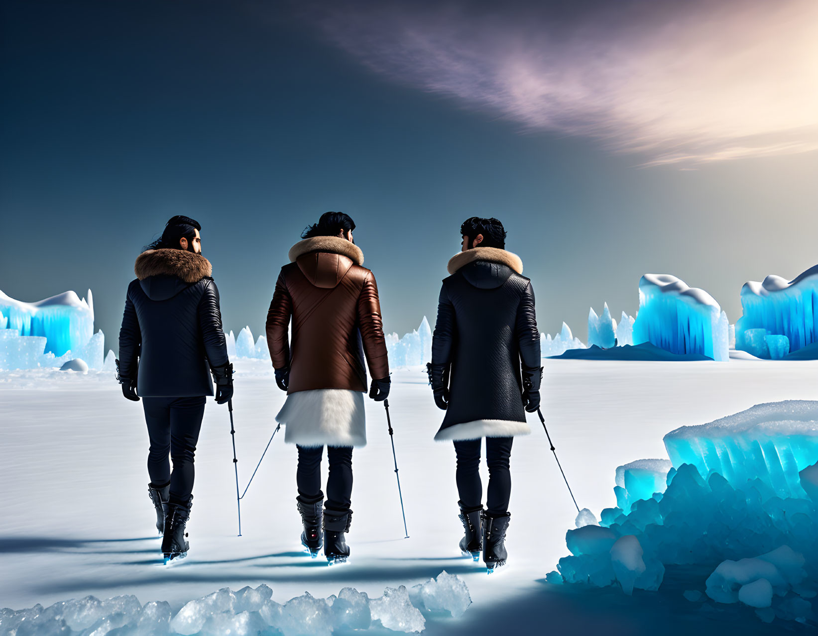 Group of Four People Trekking Snowy Landscape with Ice Formations