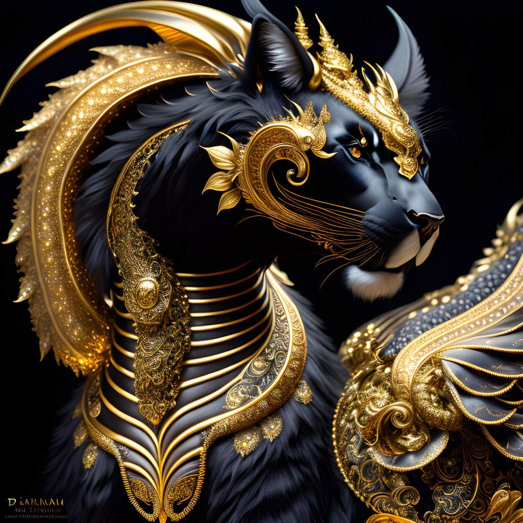 Majestic black cat with golden armor and ornaments