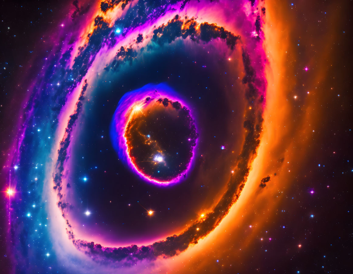 Colorful cosmic scene with swirling purple, blue, and orange hues and a central dark vortex surrounded by