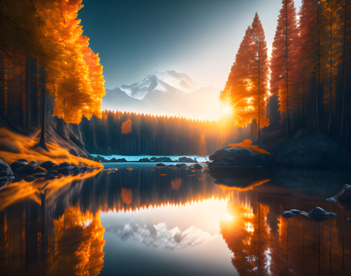 Autumn forest, snow-capped mountain, and tranquil lake at sunrise