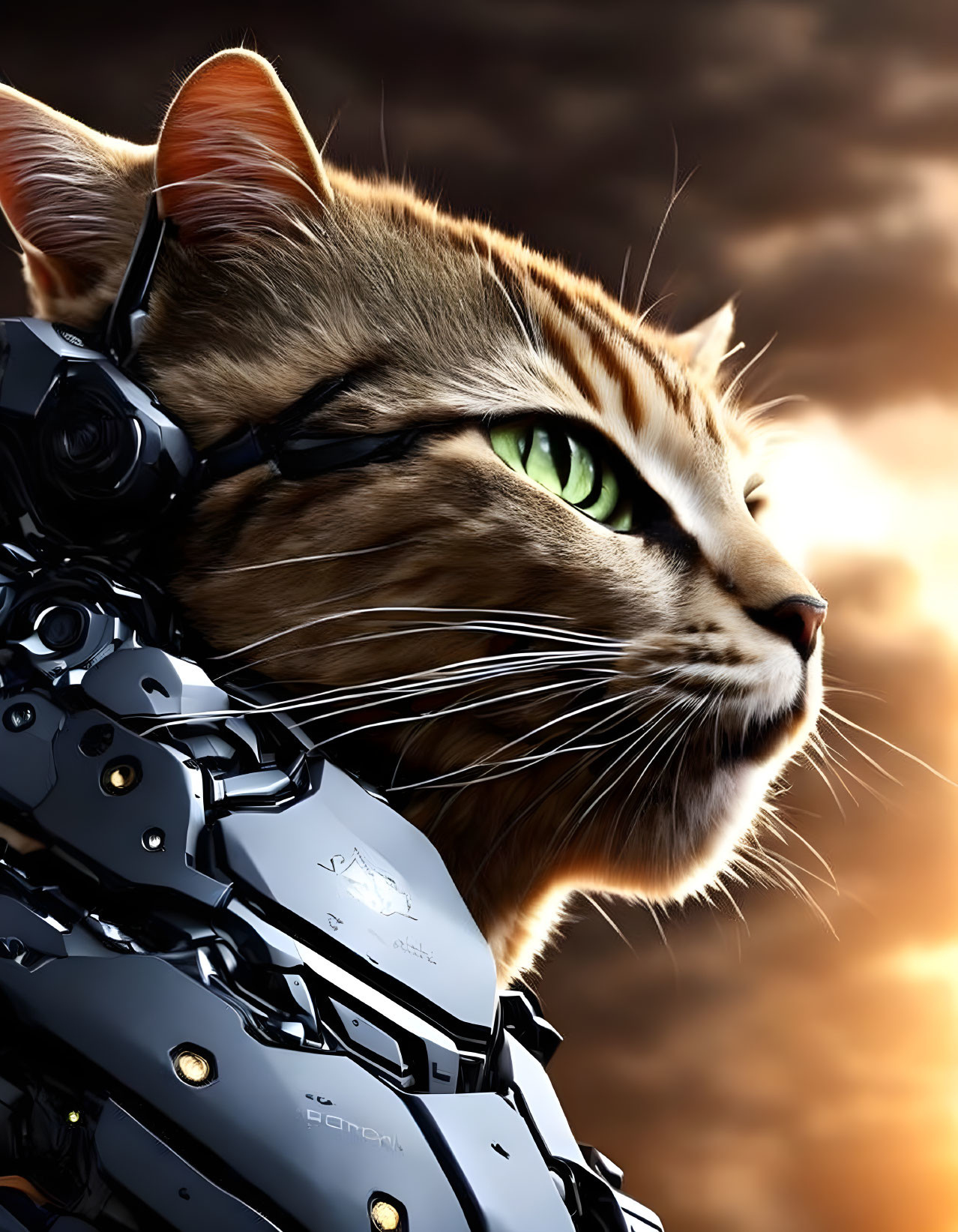 Digital artwork: Cat with mechanical neck and shoulder against dramatic sky