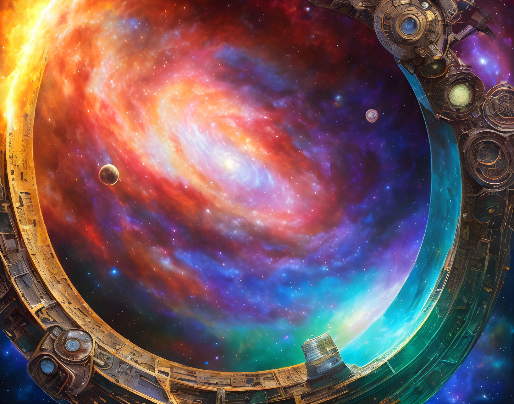 Swirling galaxy and colorful nebulas framed by steampunk-style structure