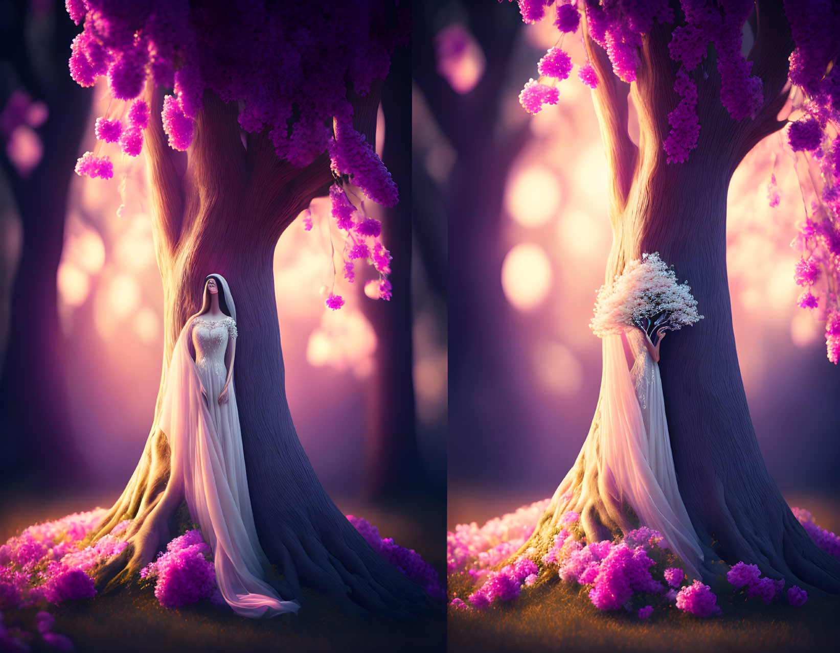 Mystical forest with woman in long dress by vibrant purple blossoms