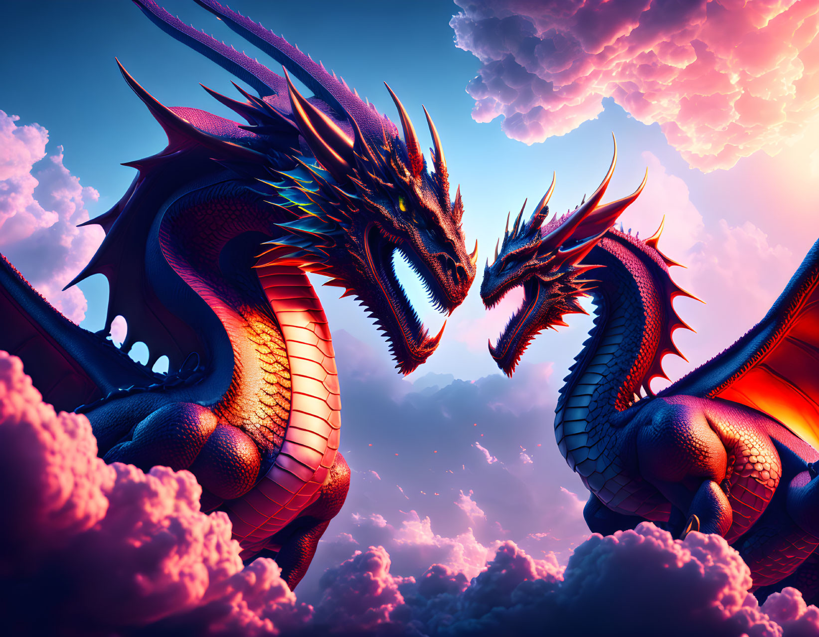 Majestic dragons in fantasy scene with pink clouds