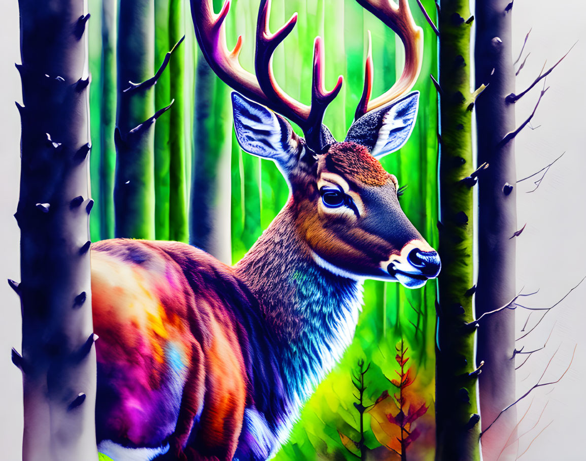 Colorful Digital Painting of Deer in Forest with Prominent Antlers