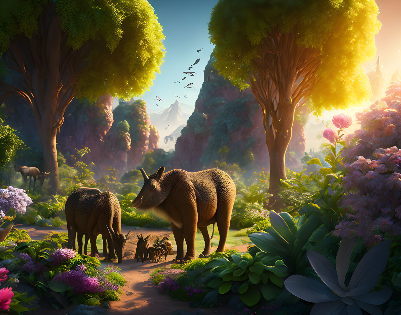 Vibrant enchanted forest with antelope-like creatures and sunlight rays