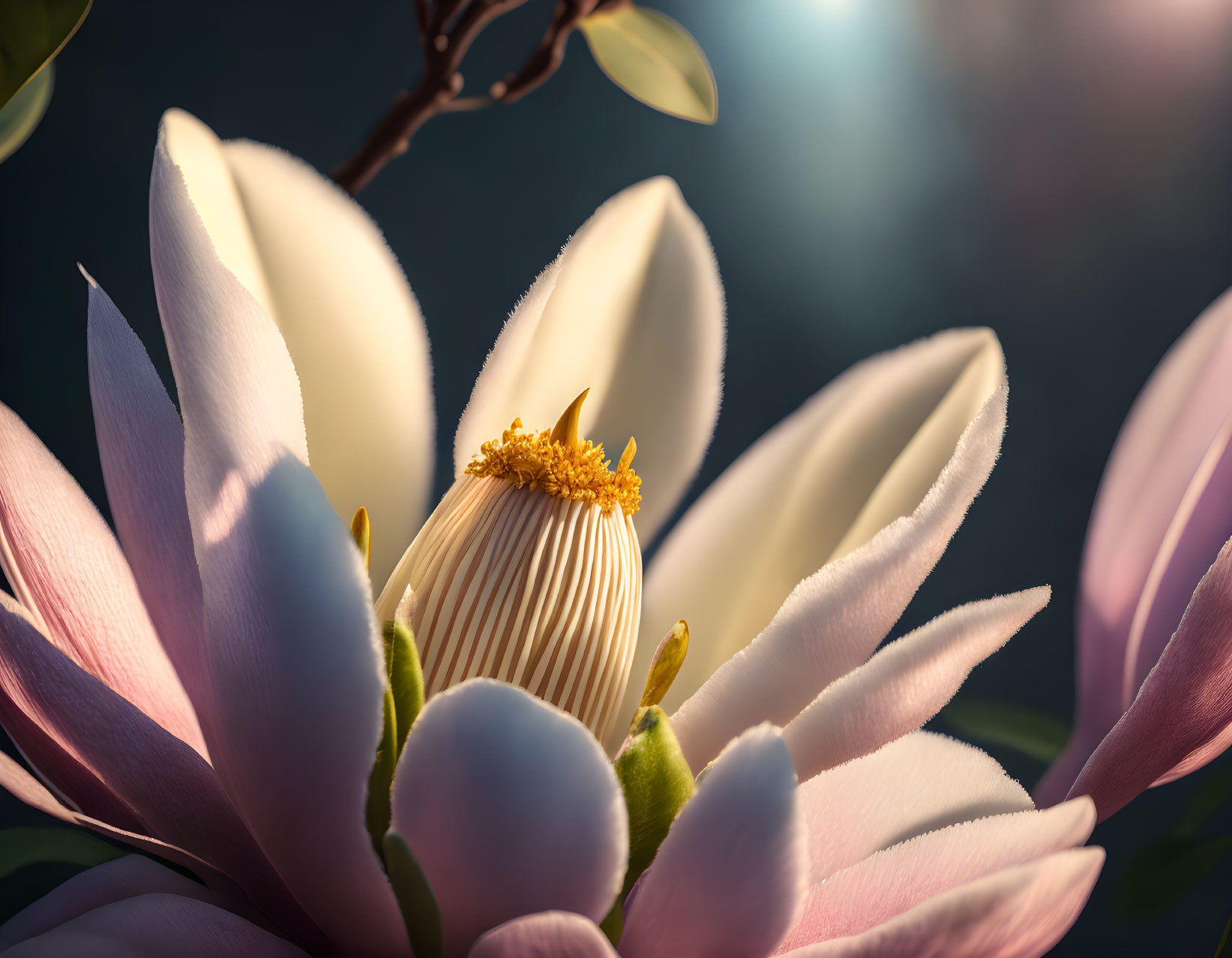 Blooming magnolia flower with pink and white petals in sunlight
