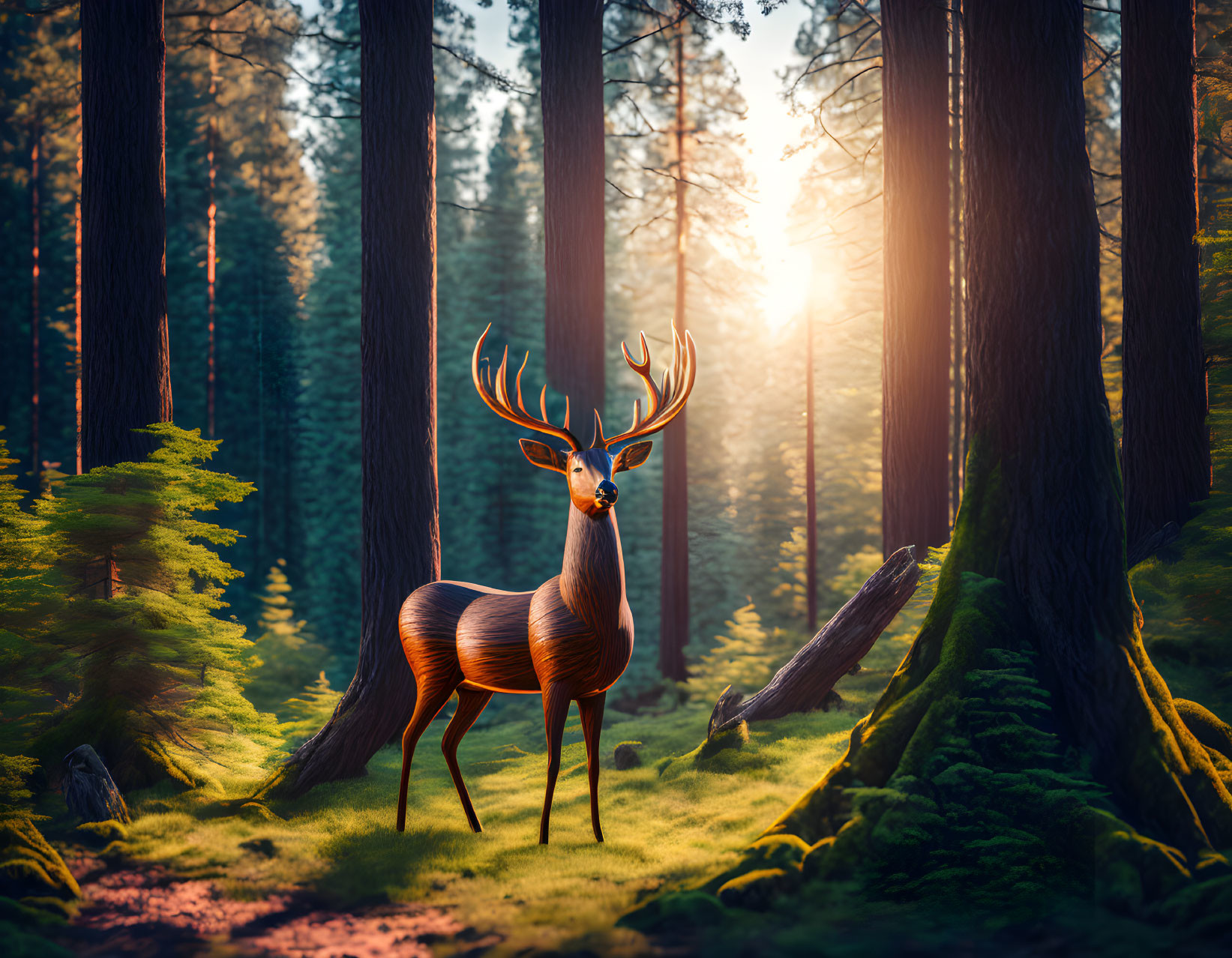 Majestic stag in sunlit forest clearing surrounded by towering trees